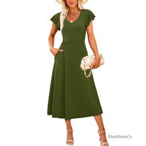 Midi Maxi Dress Ruffle Sleeve Tie Back Scoop Neck Cocktail Formal
